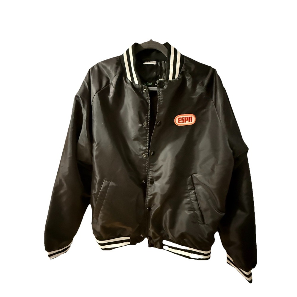 ESPN Disney Mens Satin Black Snap Up Bomber lined Jacket Sz-XL specialty